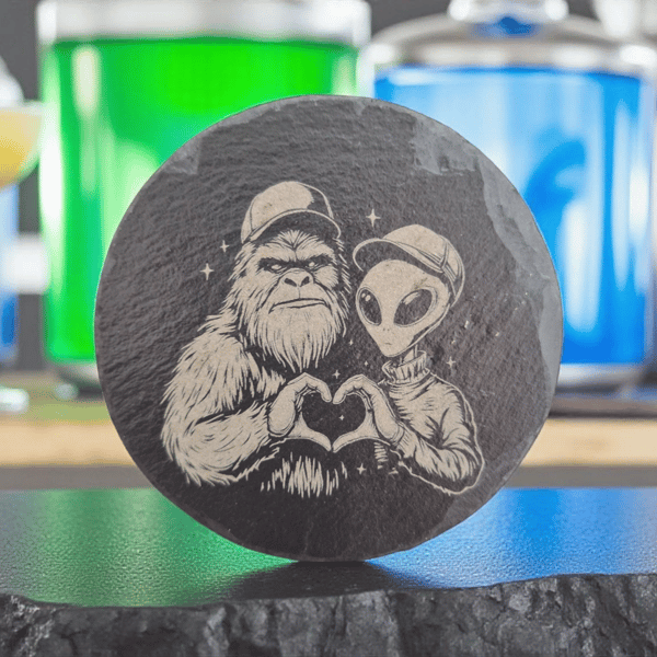 Bigfoot and Alien Etched Slate Coaster – Cosmic Friendship Design