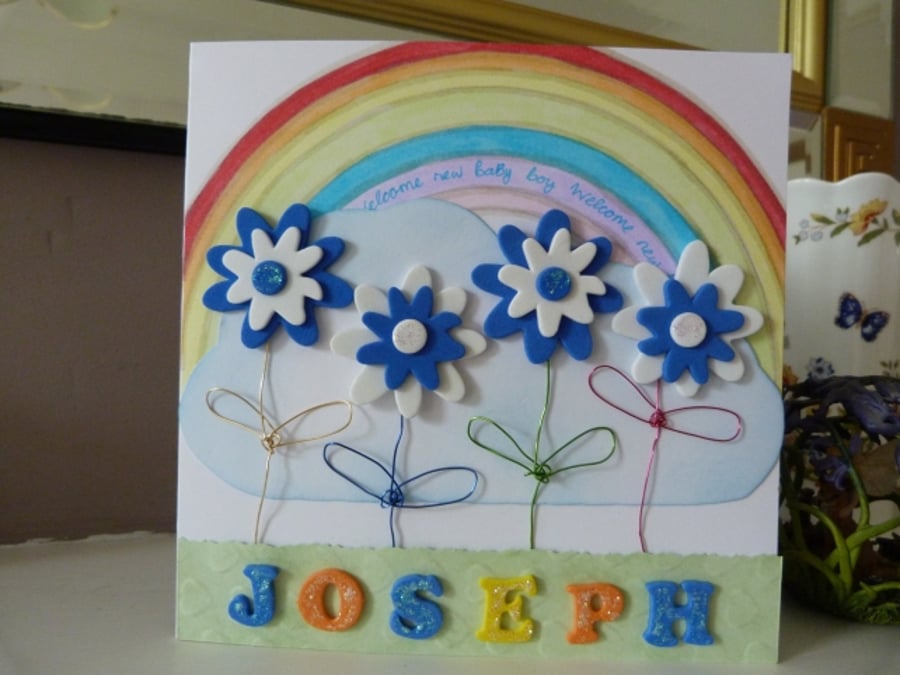 New Baby Boy Personalised Rainbow Card