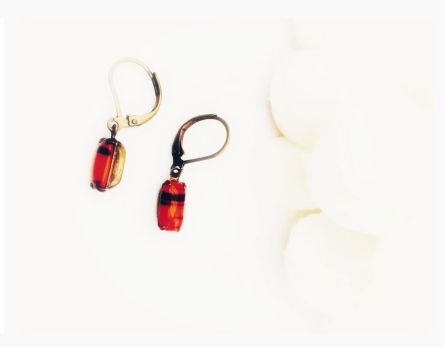  Small cherry red and black striped vintage glass stone earrings set in brass