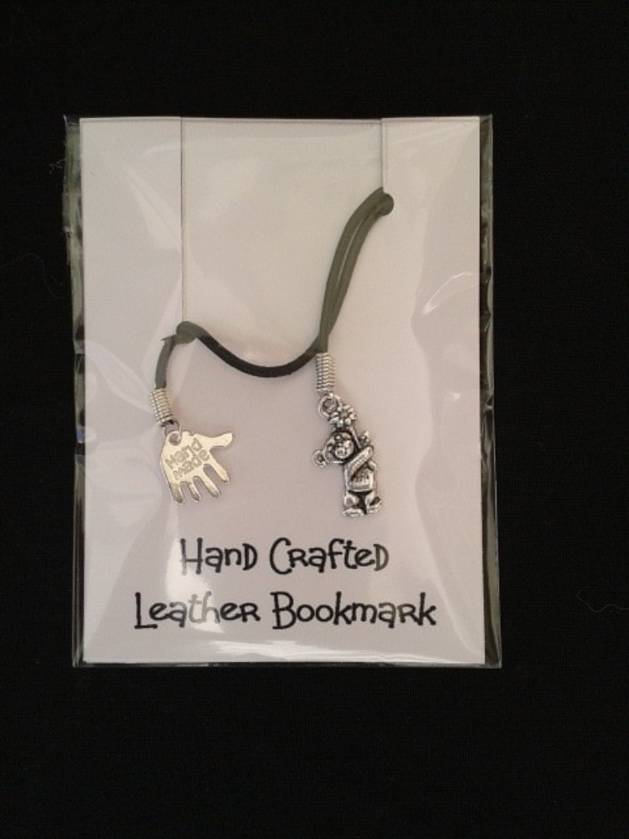 Bookmark Bear with flower charm and leather thong