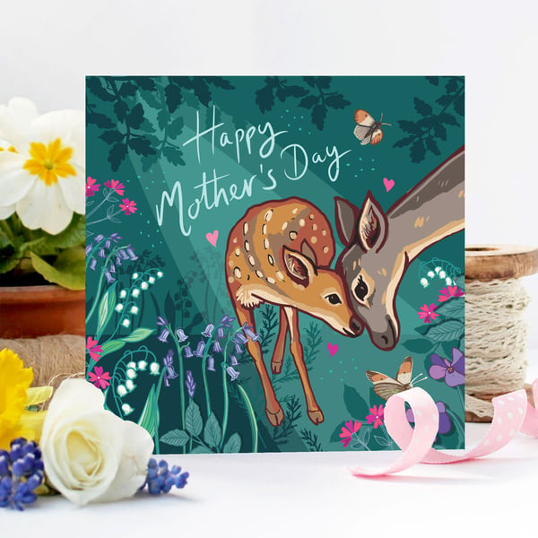 Happy Mother's Day, Cute Woodland Deer Mother and Baby Card.