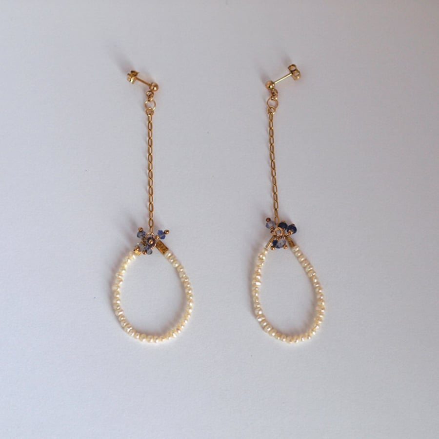 Pearl Dangle Hoop Drop Earrings with Iolite and Gold Fill 