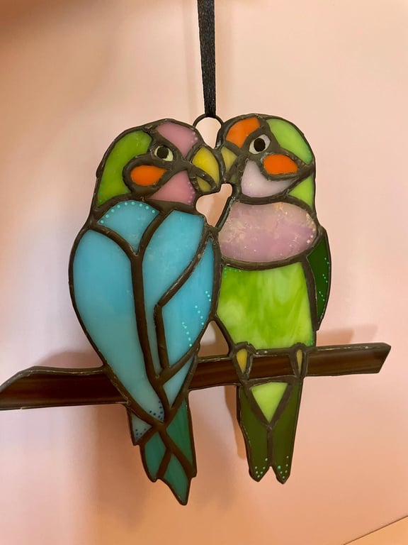 Stained Glass Lovebirds Suncatcher, Original Design