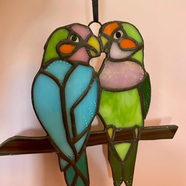 Stained Glass Lovebirds Suncatcher, Original Design