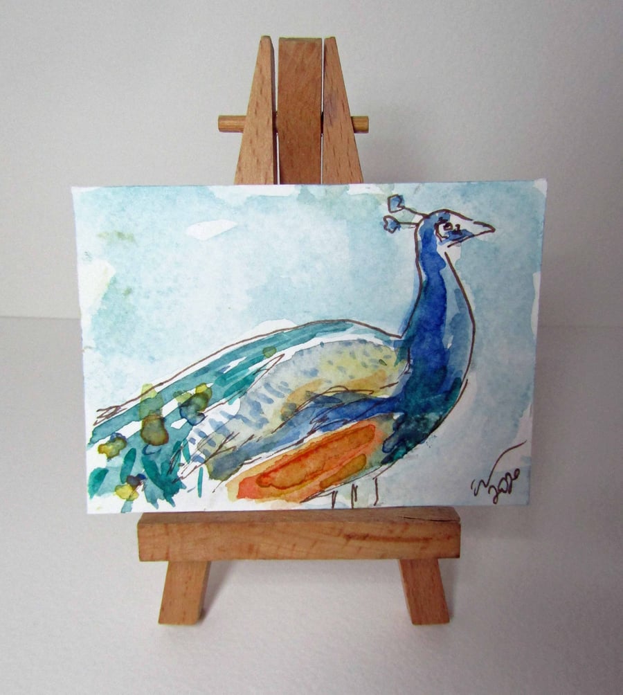 ACEO Art Peacock Stand Original Watercolour & Ink Painting OOAK