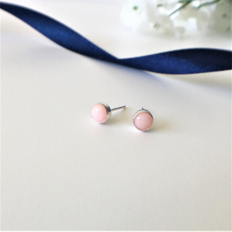 Sterling Silver Pink Opal Cabochon Stud Earrings