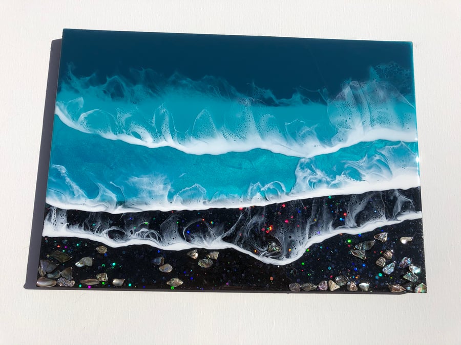Ocean inspired resin painting, turquoise, black 