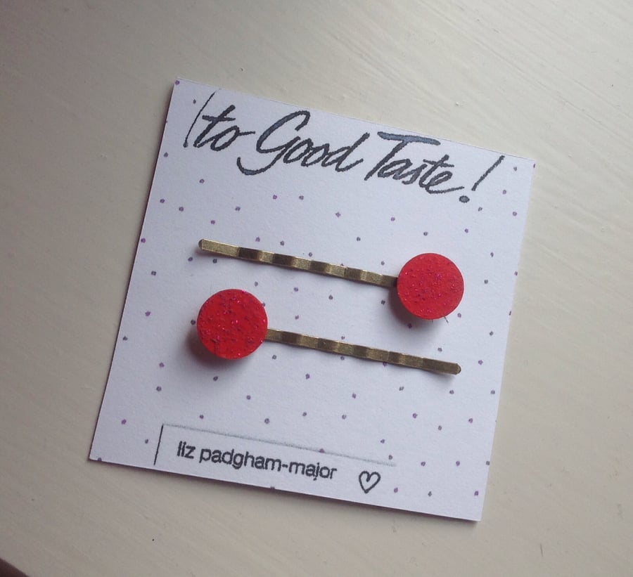 Glitter And Red Circle Wooden Hair slide Set Of Two