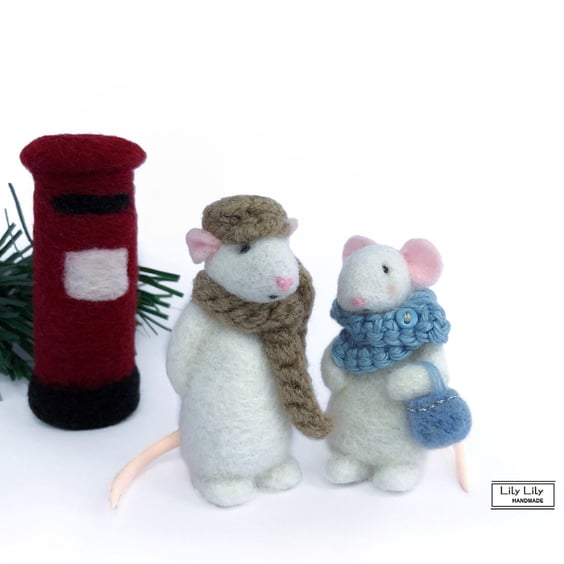 Two Miniature Mice, Granny and Grandpa mice, needle felted by Lily Lily Handmade
