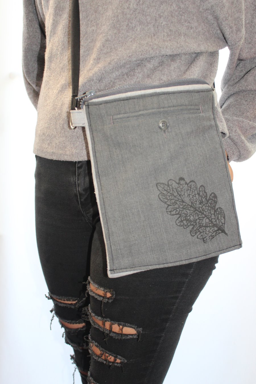 Grey cross body bag re purposed,oak leaf hand screen print,up cycled unisex gift