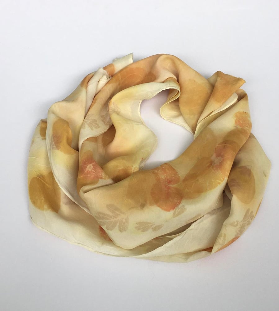 Hand dyed botanical eco printed silk scarf