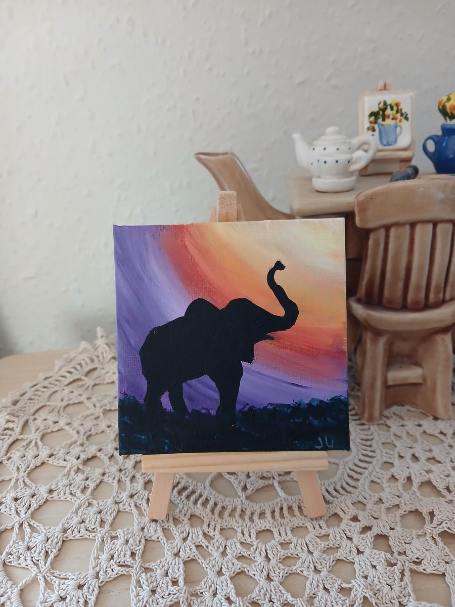 Mini Canvas Painting, Elephant Original Painting & easel