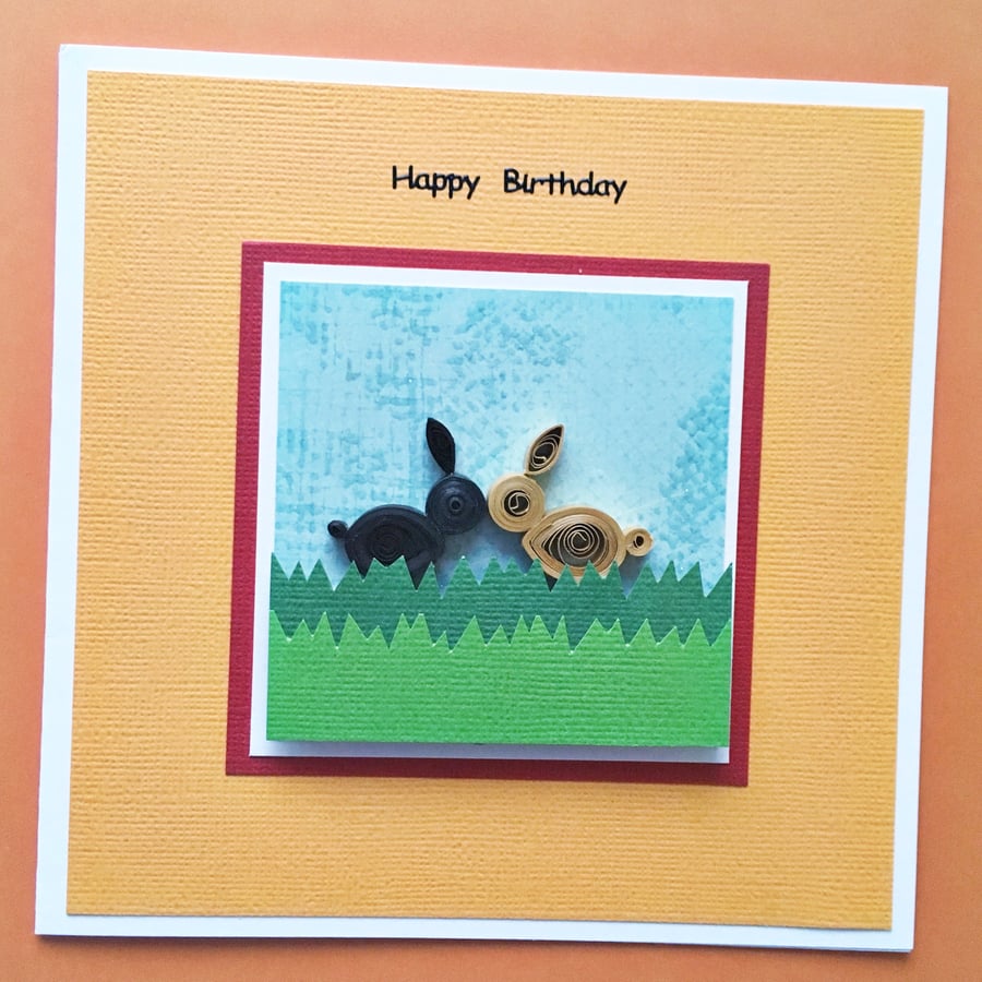 Quilled bunny rabbits birthday card - personalised option available