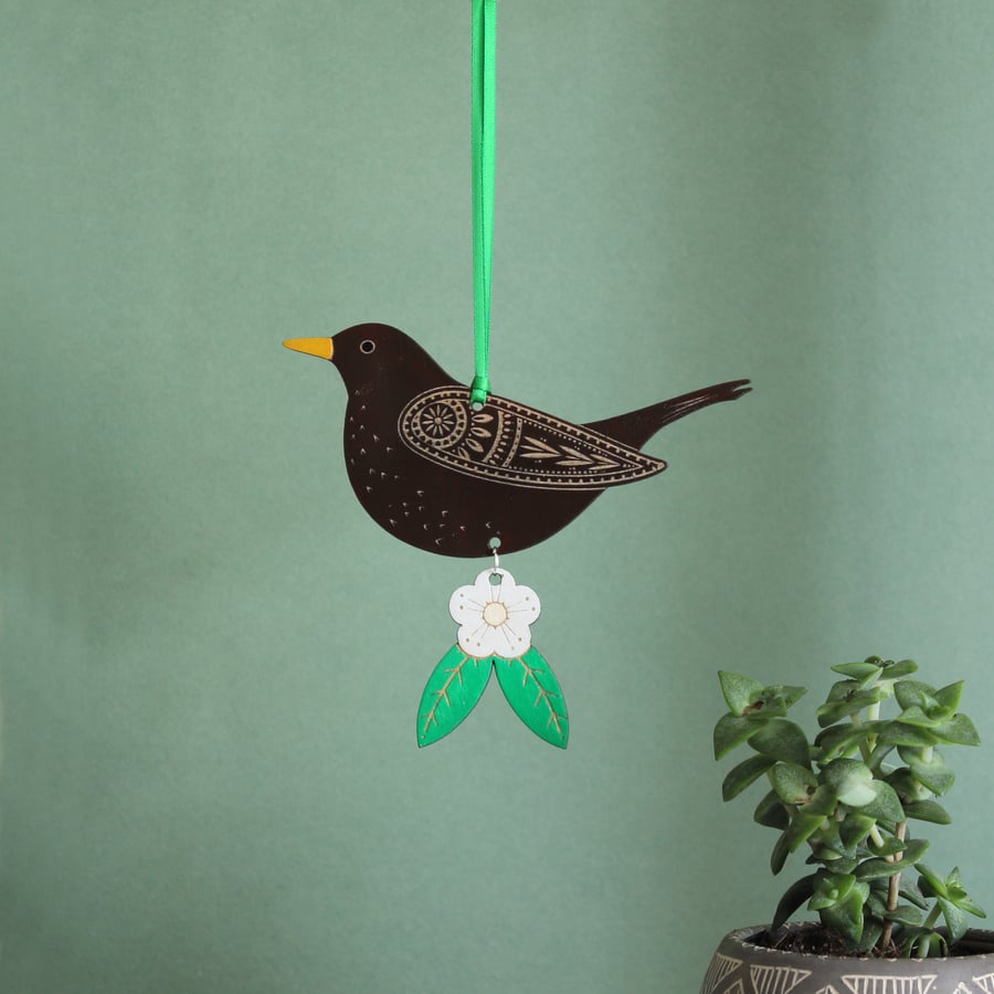 Wooden Female Blackbird Hanging Decoration with Flower