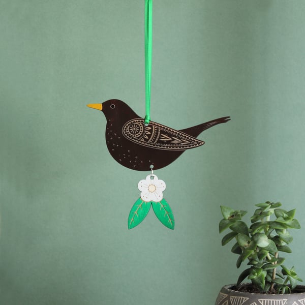 Wooden Female Blackbird Hanging Decoration with Flower