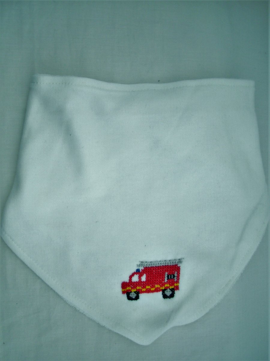 Fire engine, dribble bib, hand embroidered