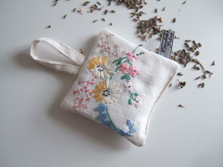 Vintage embroidery lavender bag with pastel flowers and Yorkshire lavender