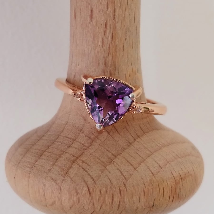 Natural Moroccan Amethyst Rosegold Trillion Ring Size P-Q  or size 56.5