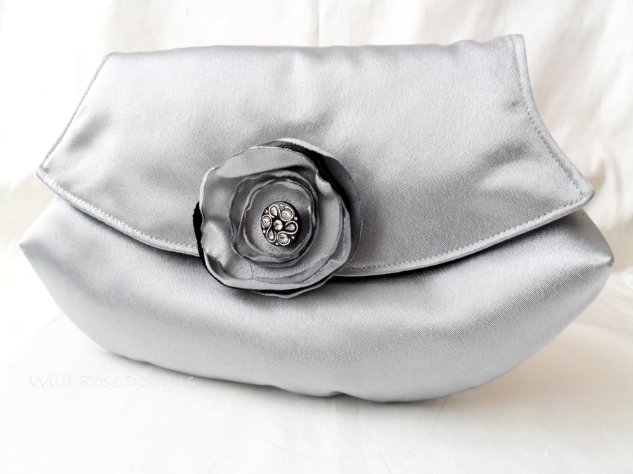 Silver satin Evening Clutch Bag