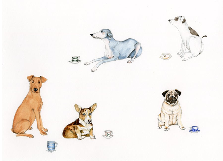 Dogs with Tea Cups Original watercolour painting