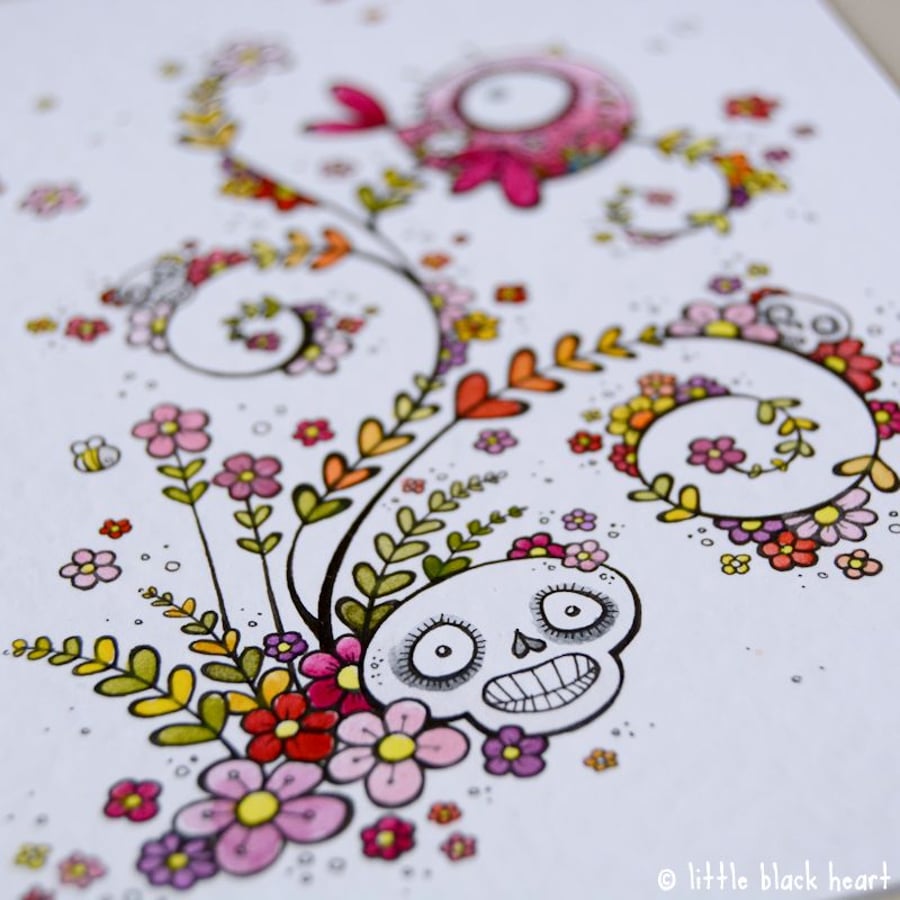 swirly skulls, blossom and bird - original illustration (A6)