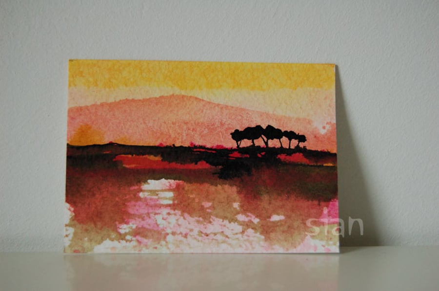 RESERVED Sunset landscape with trees - Original ACEO