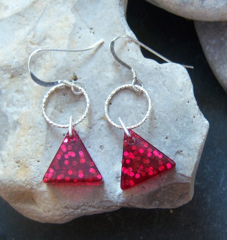 Red resin traingle earrings with sterling silver