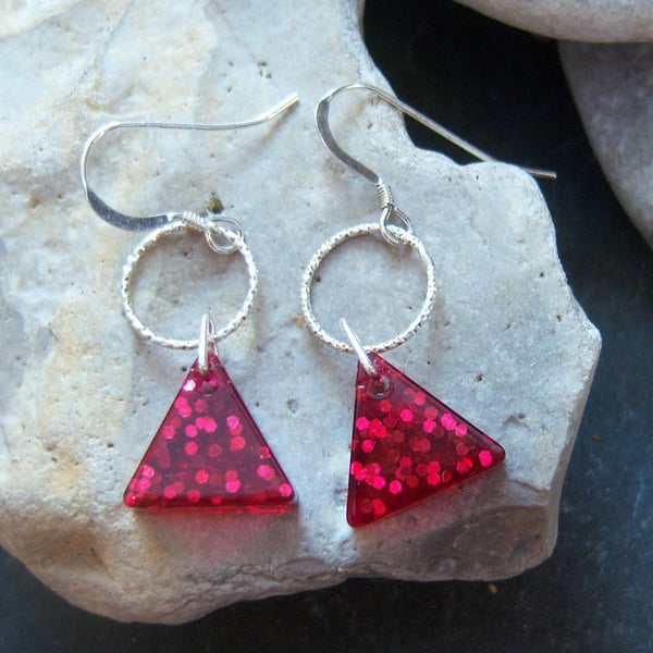 Red resin traingle earrings with sterling silver