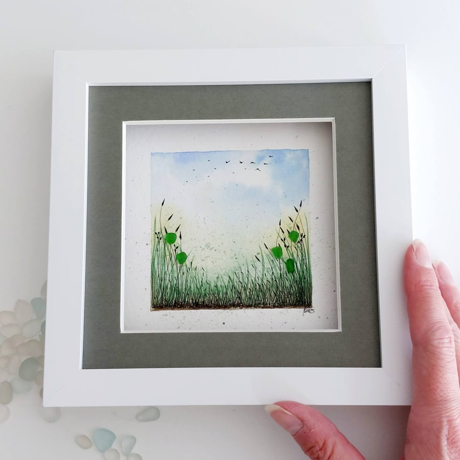 Hand Painted Watercolour Grass Meadow Art with Green Sea Glass - Framed Decor
