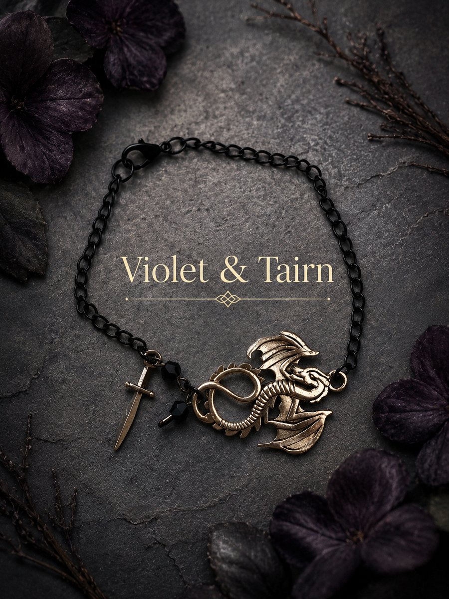 Fourth Wing Inspired Dragon Bracelet - Fantasy Book Jewelry - Black Chain Sword 