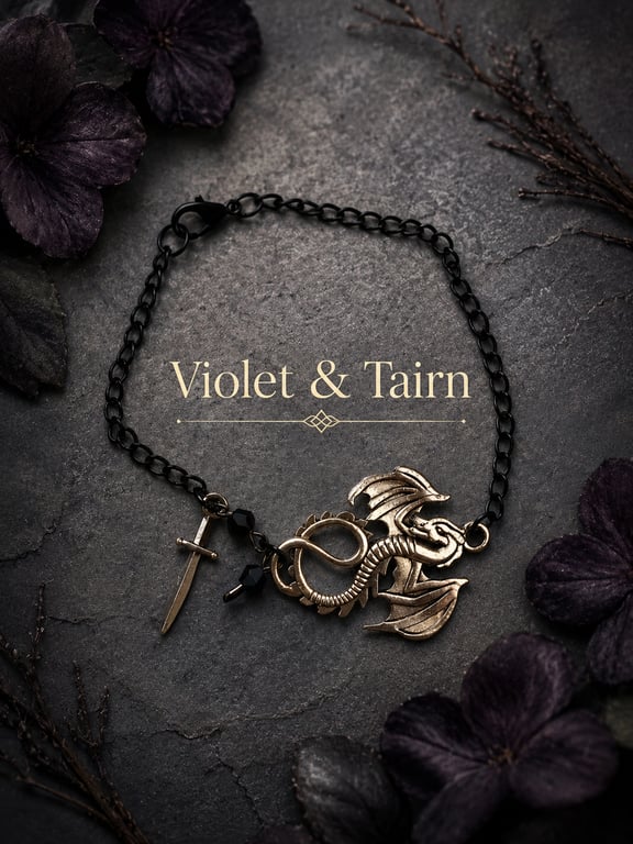 Fourth Wing Inspired Dragon Bracelet - Fantasy Book Jewelry - Black Chain Sword 