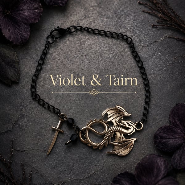 Fourth Wing Inspired Dragon Bracelet - Fantasy Book Jewelry - Black Chain Sword 