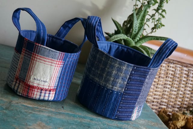 Storage Basket Round Fabric Basket Handmade Vintage Fabric Basket