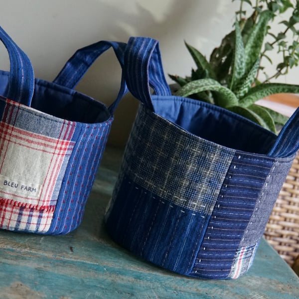 Storage Basket Round Fabric Basket Handmade Vintage Fabric Basket