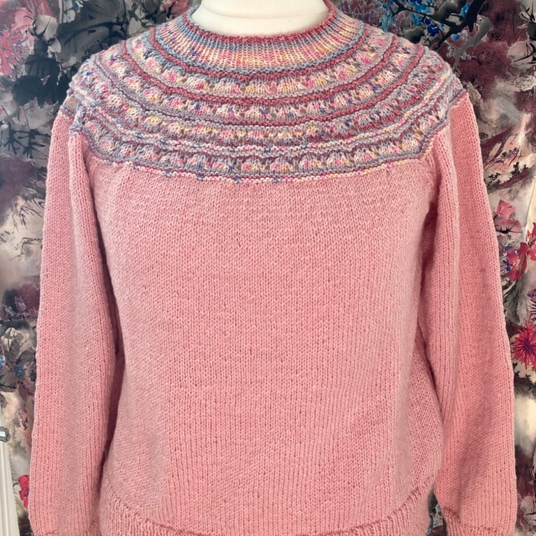 Hand knitted Wool Cotton Acrylic Pink jumper size L bust 40