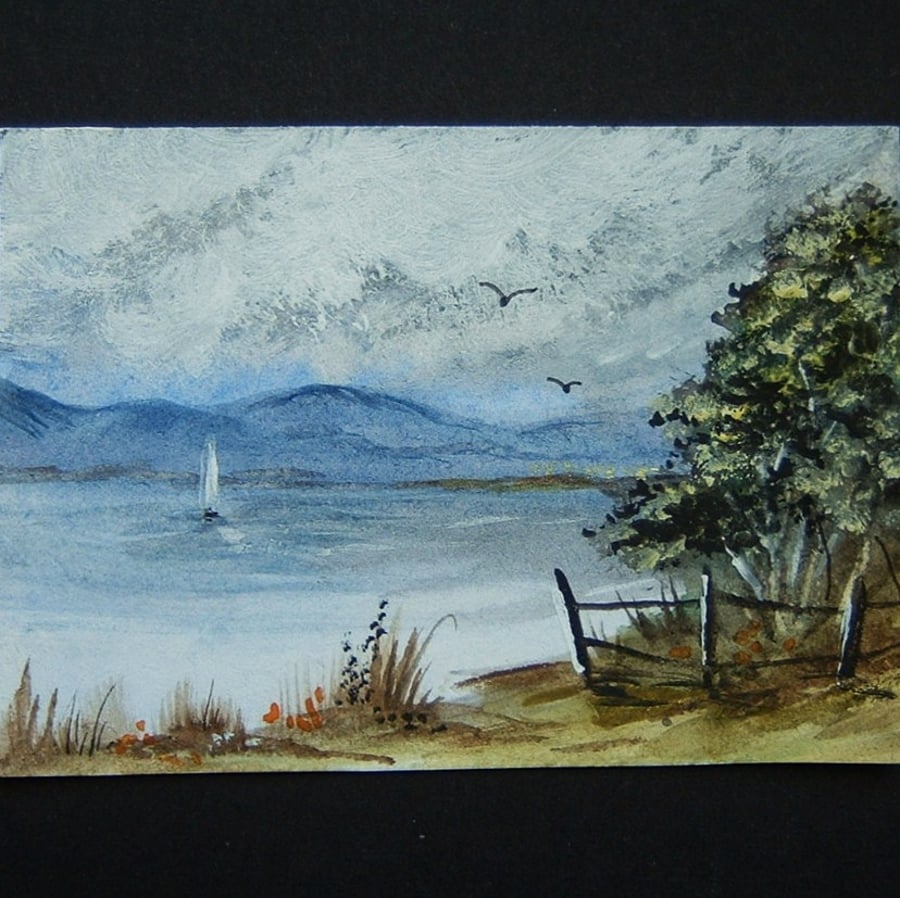 boating lake landscape aceo art painting ref 221