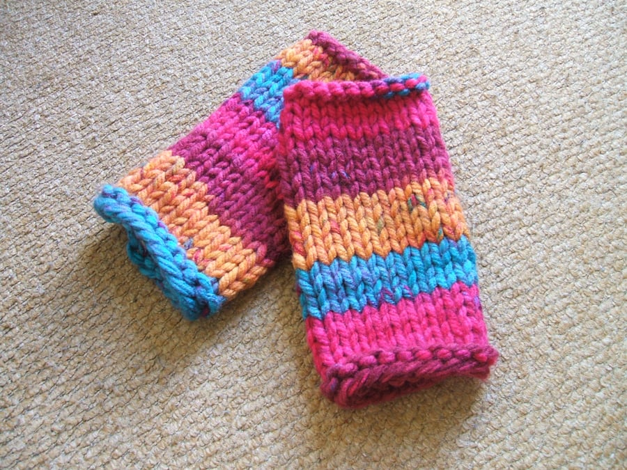 hand knitted wrist warmers, fingerless mittens - rainbow chunky wool