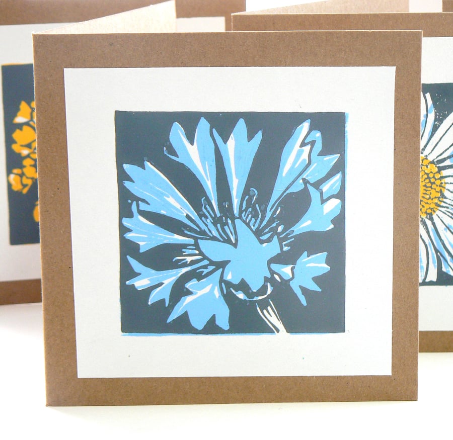 Cornflower hand printed linocut card