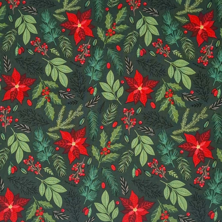 Christmas Poinsettia & Holly Tablecloth Green Festive  Many Sizes