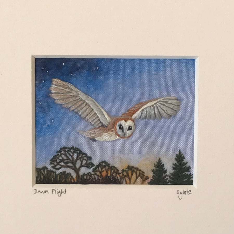 Barn Owl, Dawn Flight - hand stitched picture 