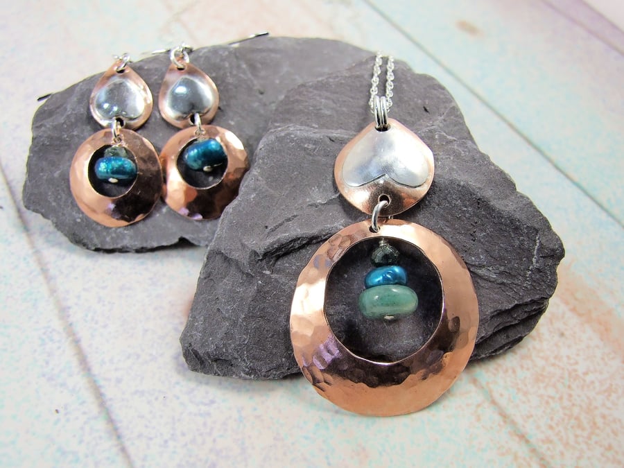 Reserved Necklace Sterling Silver, Copper and Emerald Peacock Feather