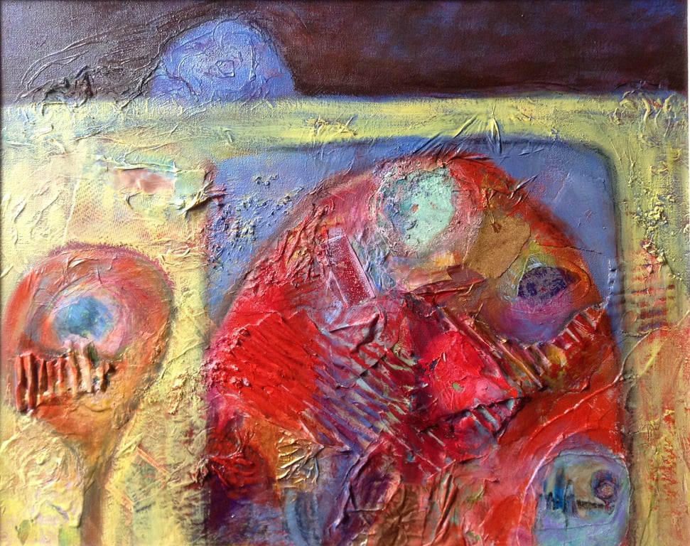 SALE- Framed Abstract mixed media and oil painting in red, blue and yellow