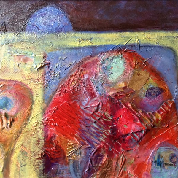 Framed Abstract mixed media and oil painting in red, blue and yellow