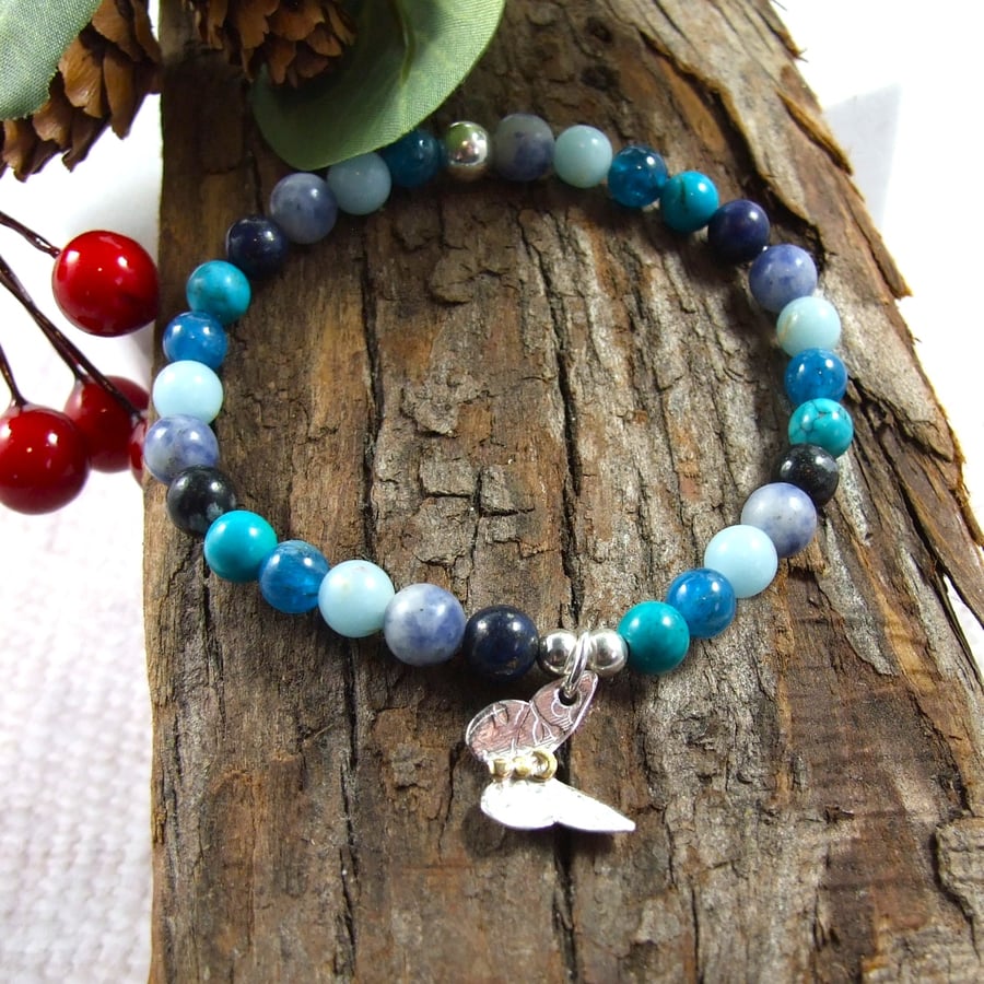 Gemstone Bracelet - Shades of Blue with Handmade Sterling Silver Butterfly Charm