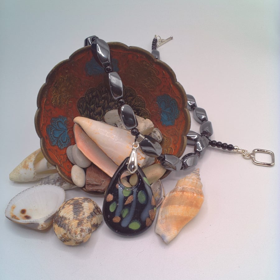 Black Glass Pendant on a Haematite and Glass Bead Necklace, Gift for Her