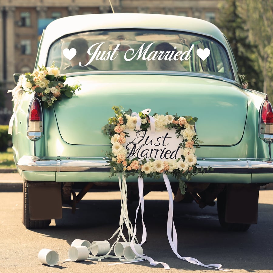 Just Married With Hearts Car Rear Window Sticker Wedding Decorations Car Sticker