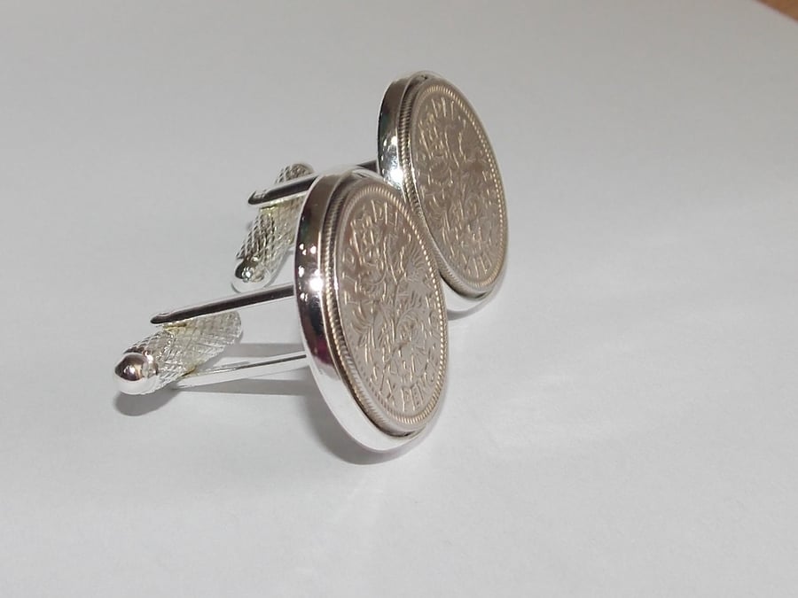 Original British sixpences inset in Silver Plated French Cufflinks backs 1967