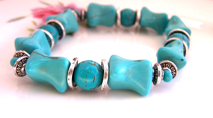 Turquoise Stretch Bracelet, Silver Spacers, Cute Turquoise Blue Beads