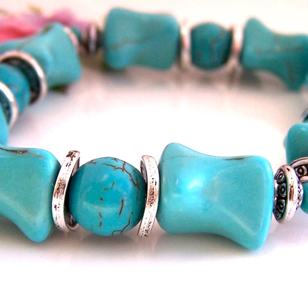 Turquoise Stretch Bracelet, Silver Spacers, Cute Turquoise Blue Beads