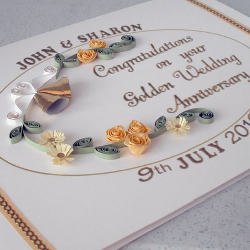 Personalised, handmade 50th anniversary card with quilling